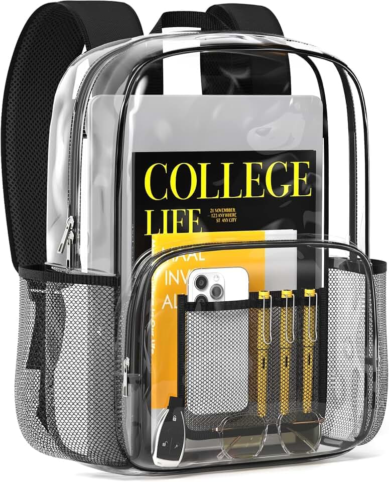HOTOR Clear Backpack - Multi-Pocket Bookbag, Cold-Resistant PVC Waterproof Work Bag & College Backpack with Padded Shoulder Straps for Travel, Festival, 16.0" x 12.0" x 7.0", Black