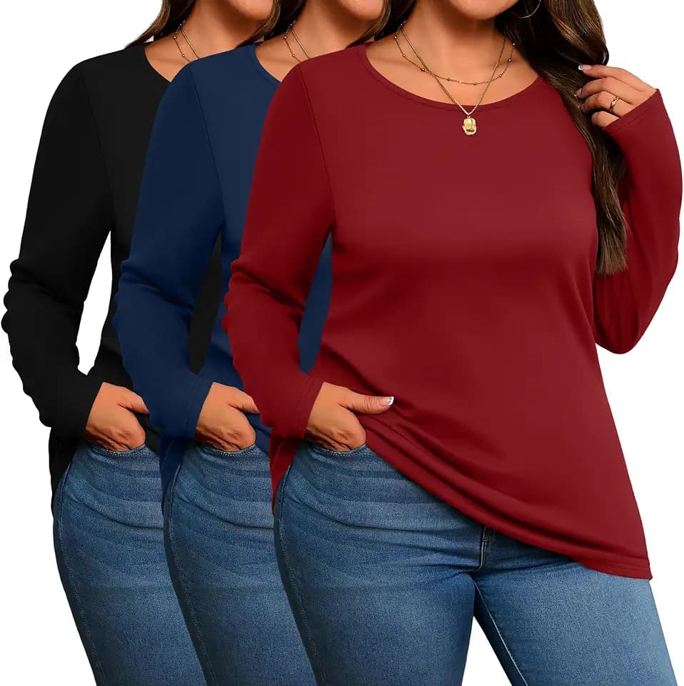 Evervibe 3 Pack Women's Plus Size Cotton Shirts Long Sleeve Tops