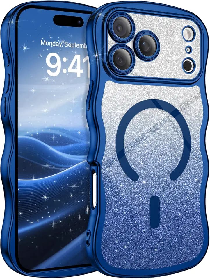 BENTOBEN for iPhone 17/18 Pro Max Case Clear, [Compatible with MagSafe][Full Camera Protection][Cute Wave Frame][DIY Glitter Cardstock] Wavy Shockproof 17/18 ProMax Phone Case 6.9", Deep Blue
