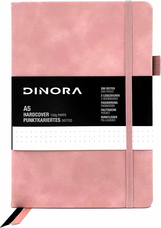 Dinora® Notizbuch A5 Hardcover - Dotted Bullet Journal - PU Leder - 200 nummerierte Seiten - 100g Avery Papier - Rosa - Pink