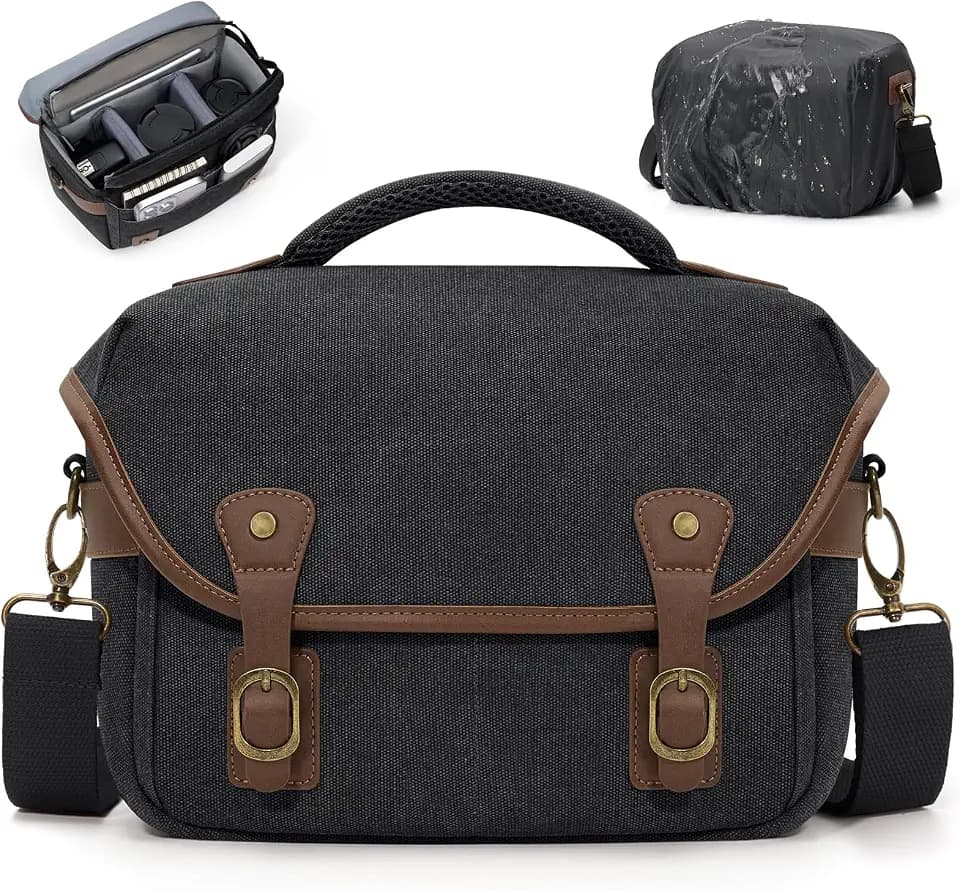 RAINSMORE Canvas Camera Bag, DSLR/SLR/Mirrorless Small Camera Sling Bags Cross-body Camera Case, Compact Shoulder Bag for Photographers with Rain Cover Vintage Sling Bags for Men and Women, Black