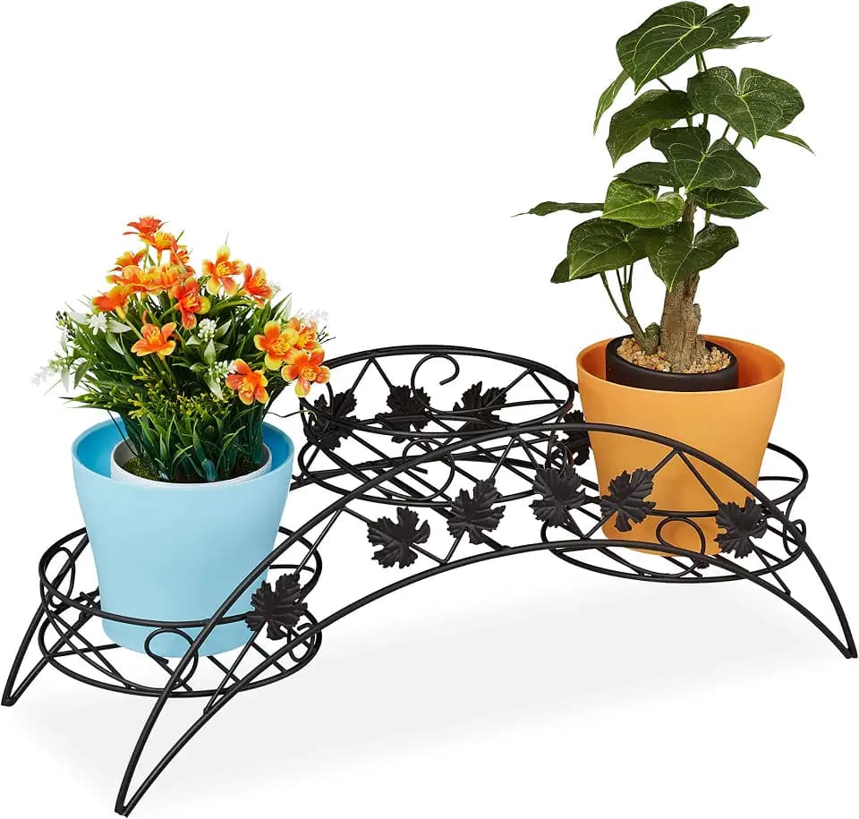 Relaxdays Blumentreppe, 3 Ablagen, gebogener Pflanzenständer, schwarz | In- & Outdoor, antik, Eisen, HBT 21 x 55 x 19 cm