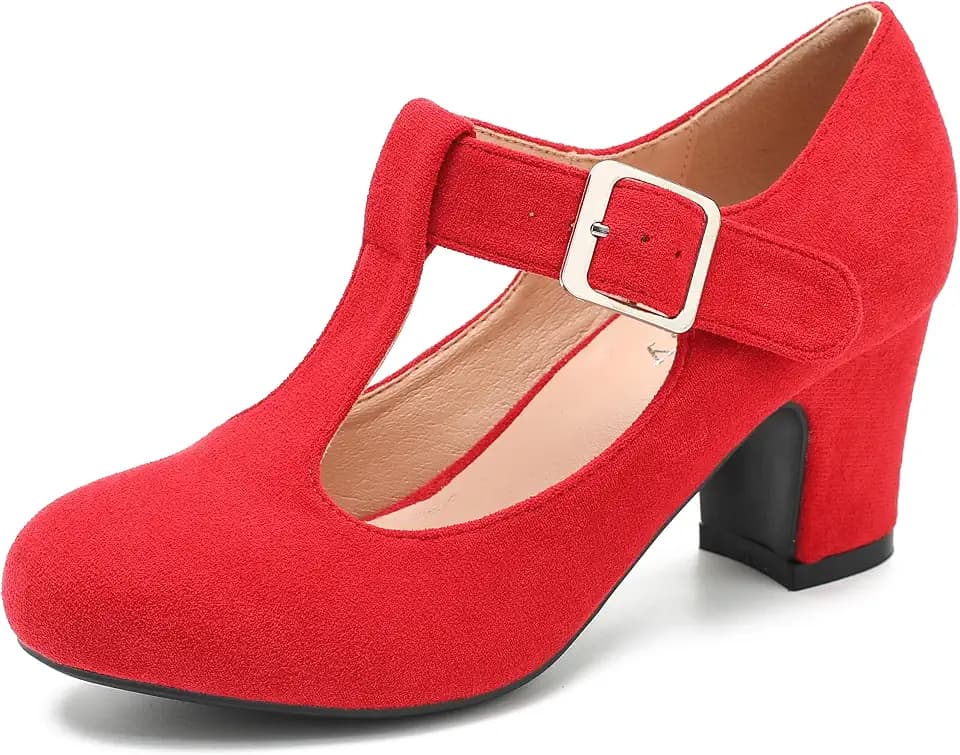 Women's T-Strap Mary Jane Pumps Low Block Chunky Heels Closed Round Toe Ankle Strap Wedding Evening Party Dress Office Work Shoes