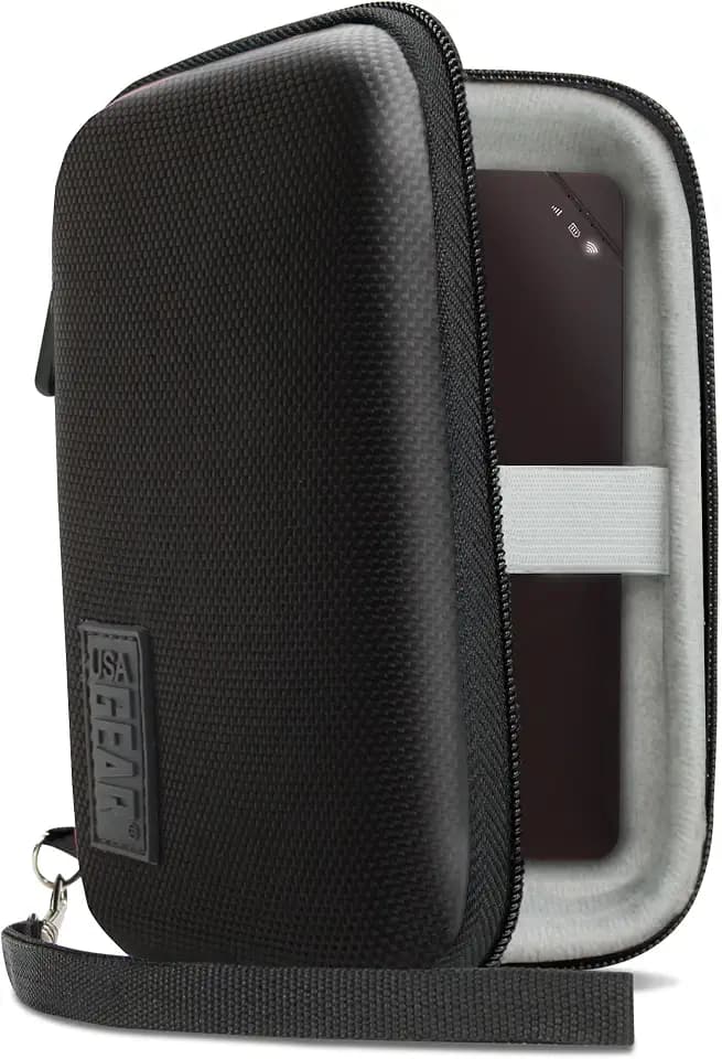 USA Gear Hotspot Carrying Case Fits Solis Edge, Orbic RC400L, AT&T Turbo 3, JexStream RG2100 Franklin A50 & more - Portable Wifi Hotspot Small Hard Case with Wrist Strap, Scratch Resistant (Black)
