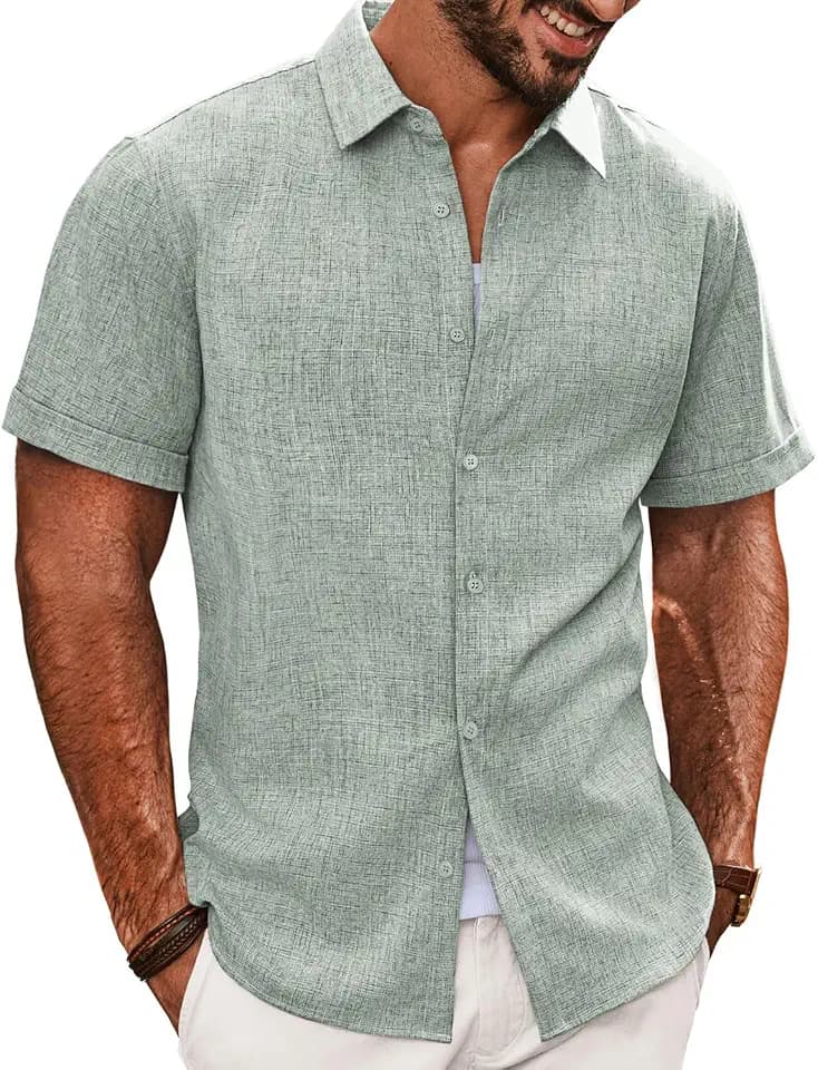 PJ PAUL JONES Herren Hemd Kurzarm Freizeithemd Sommer Casual Regular Fit Shirt Strandhemd (Hellgrün, L)