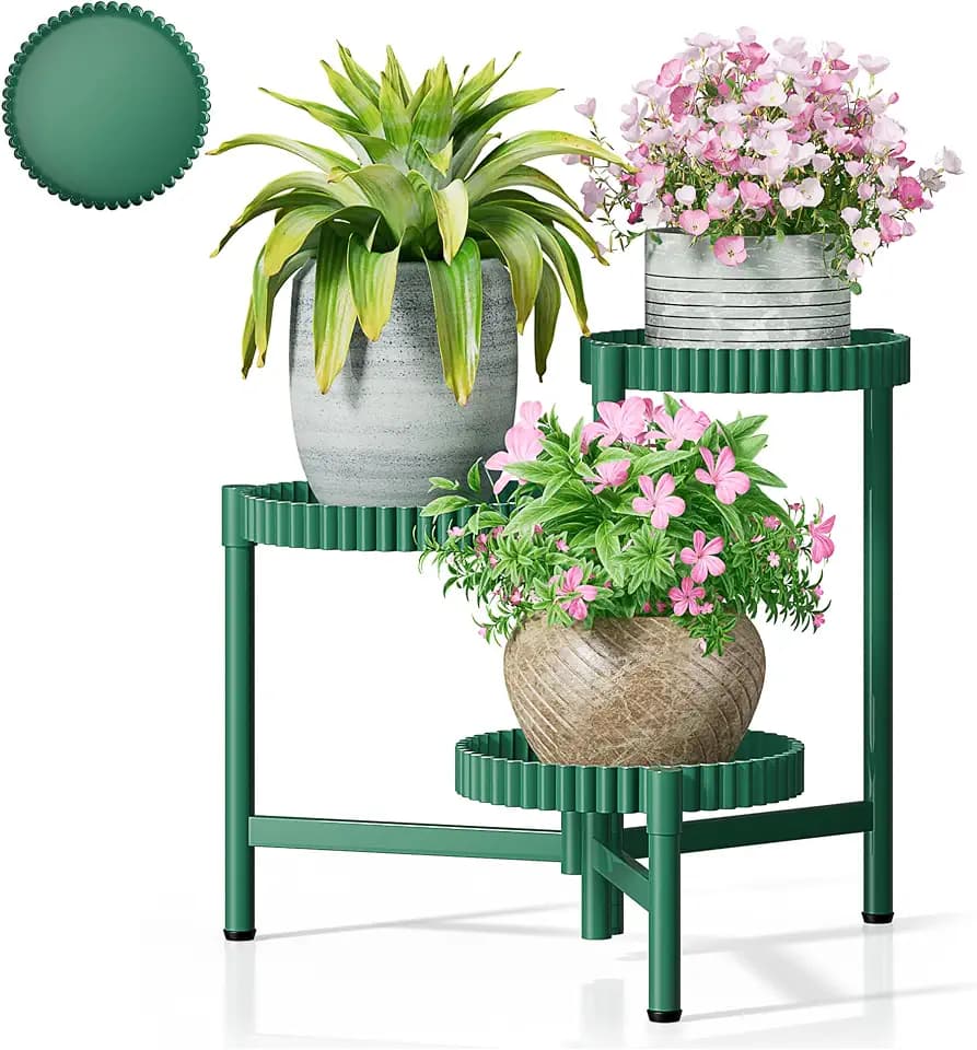 Plant Stand Indoor Outdoor, 3 Tier Corner Metal Flower Display Holder Shelf, Folding Tall Plant Rack for House Patio Balcony Porch Living Room, Heavy Duty Anti-Rust Wrought Iron - GreenFloroma
