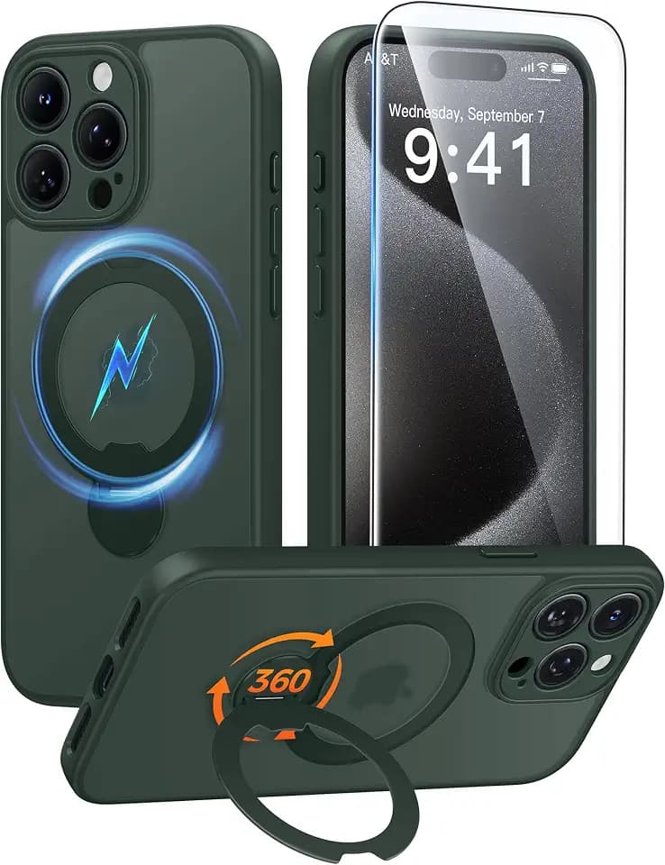 FNTCASE for iPhone 15 Pro Max Case with 360 Spin Magnetic Stand Green