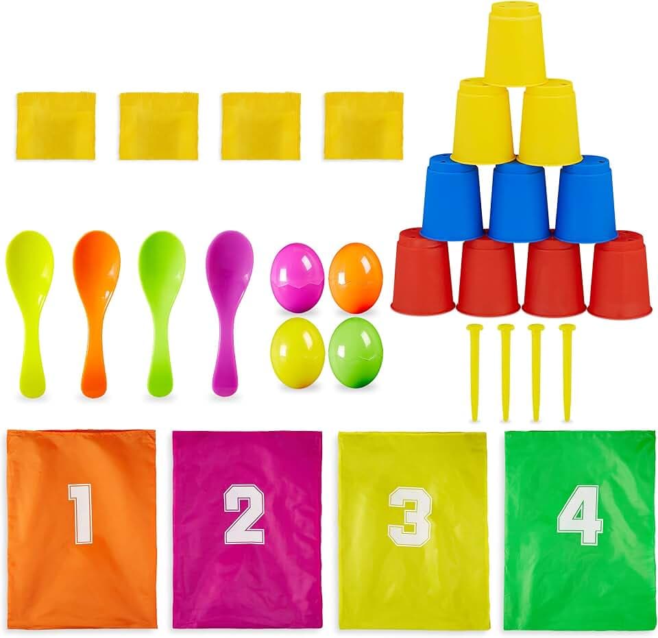 Relaxdays Kinderparty Spiele, 3 in 1 Set, Garten Spiele für Kindergeburtstag, Sackhüpfen, Eierlaufen, Dosenwerfen, bunt
