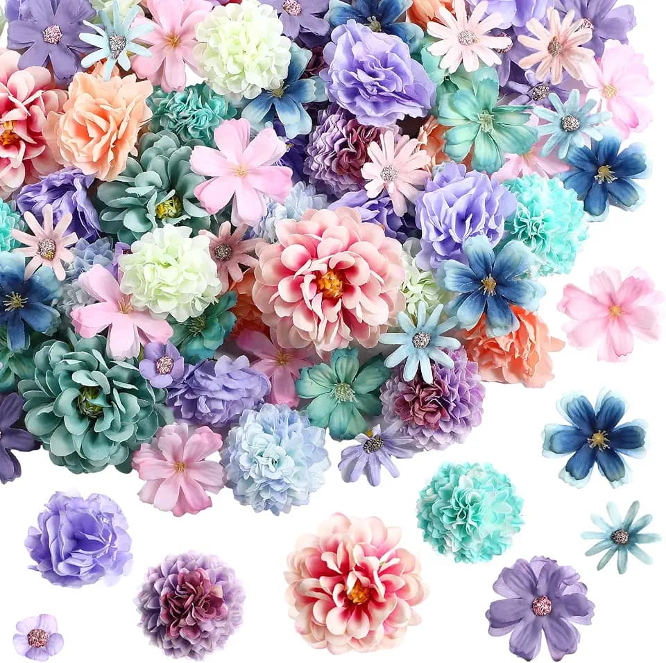 Cindeer 200 Pcs Fake Flower Heads, Mini Rose Daisy, Blue, Purple