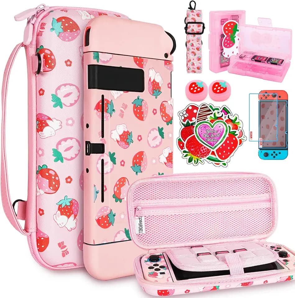 TIKOdirect Carrying Case for Switch, Cute Portable Travel Bag Accessories with Soft Protective Cover, Screen Protectors and Thumb grip caps, Game Card Case 7in1, Pink