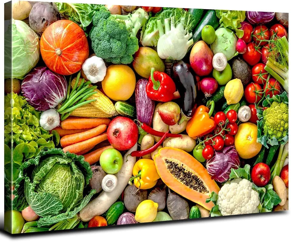 Kitchen Wall Decor Vintage Green Food Wall Art Fresh Vegetable Pictures for Dining Room Colorful Fruit Canvas Prints Framed Artwork Modern Restaurant Table Living Room Office Home Decorations 12x16