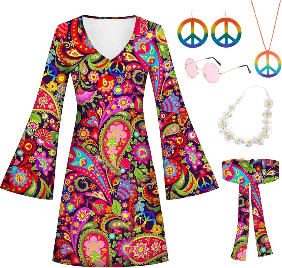 Ronronner Hippie Kleidung Damen,5 StüCk 60 Er 70er Jahre Hippie Kleid,Halskette Ohrringe Sonnenbrille Disco Fever Kleidung Frau Frauen Damen Kleid FüR Karneval Motto Party,Halloween KostüM Damen