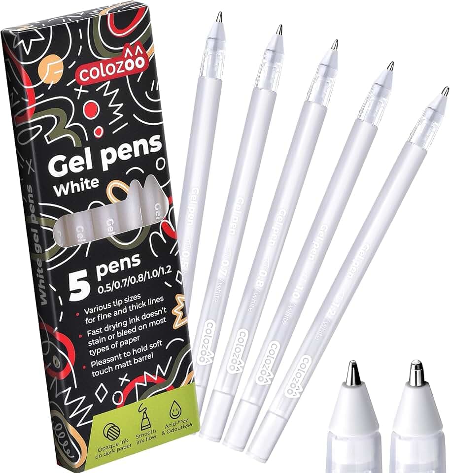 colozoo Weiße Gelstifte 5er Set, 0,5-1,2 mm, deckend schwarzes Papier