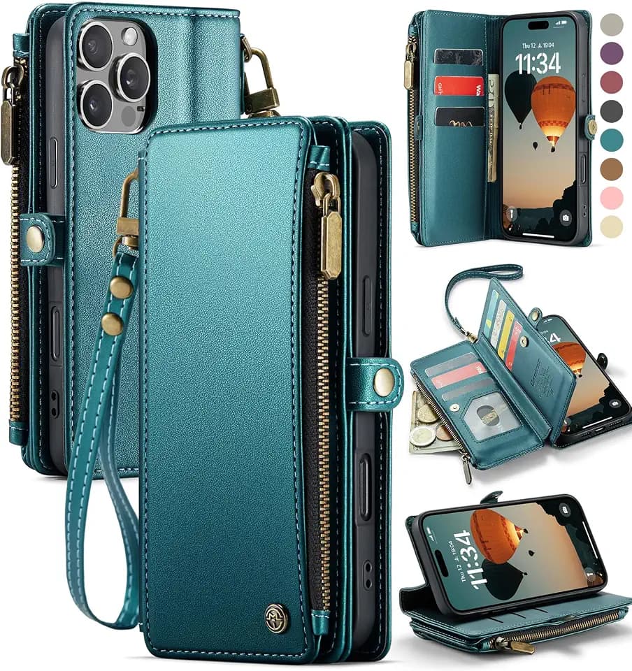 Defencase for iPhone 16 Pro Wallet Case with RFID Card Holder, Blue Green
