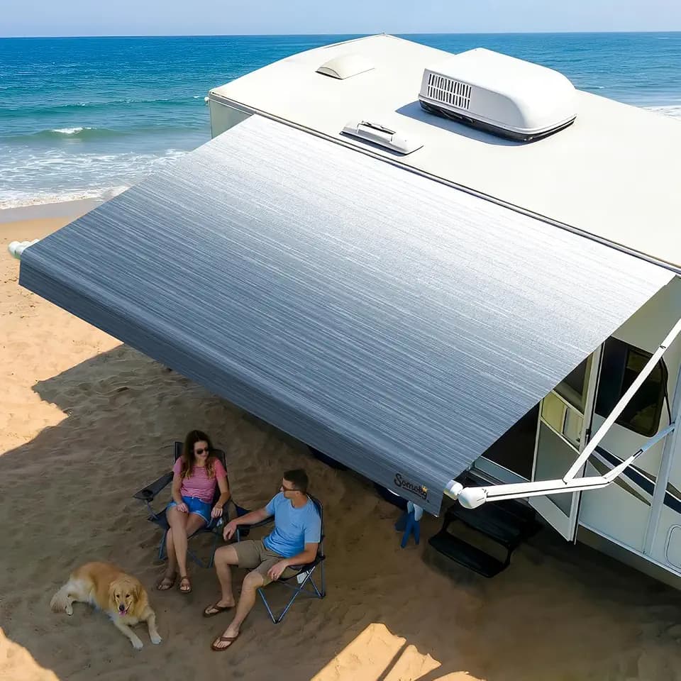 RV Awning Fabric Replacement, 19.5oz Heavy-Duty Vinyl Camper Awning, Heat-Sealed Seamless, DIY Setup, UPF 50+ Waterproof Canopy for Camper, Trailer, Motorhome (Glacier Blue, 14FT(Fabric 13'2"))