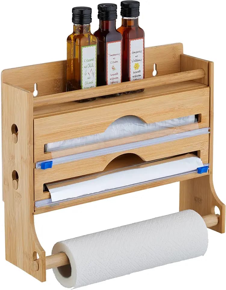 Relaxdays Wandrollenhalter 3-Fach, Küchenrolle, Alufolie, Frischhaltefolie, Bambus, HxBxT: 30,5 x 36,5 x 12 cm, Natur
