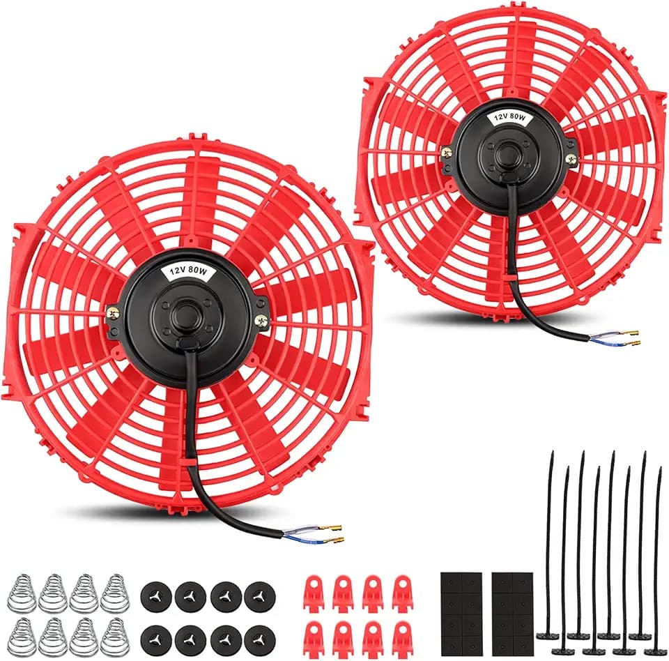 MONOKING 2PCS 12 Inch 12" Red Universal Electric Radiator Slim Fan 12V 80W High Performance Cooling Push Pull with Mounting Kit 1750 CFM 6.67 Amps