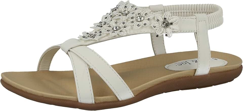 Jo & Joe Damen-Flip-Flop-Sandalen aus Kunstleder, Peep-Toe-Schlingen-Rückseite, Blumen-Design, flach, mit Strasssteinen, Größe 36-42