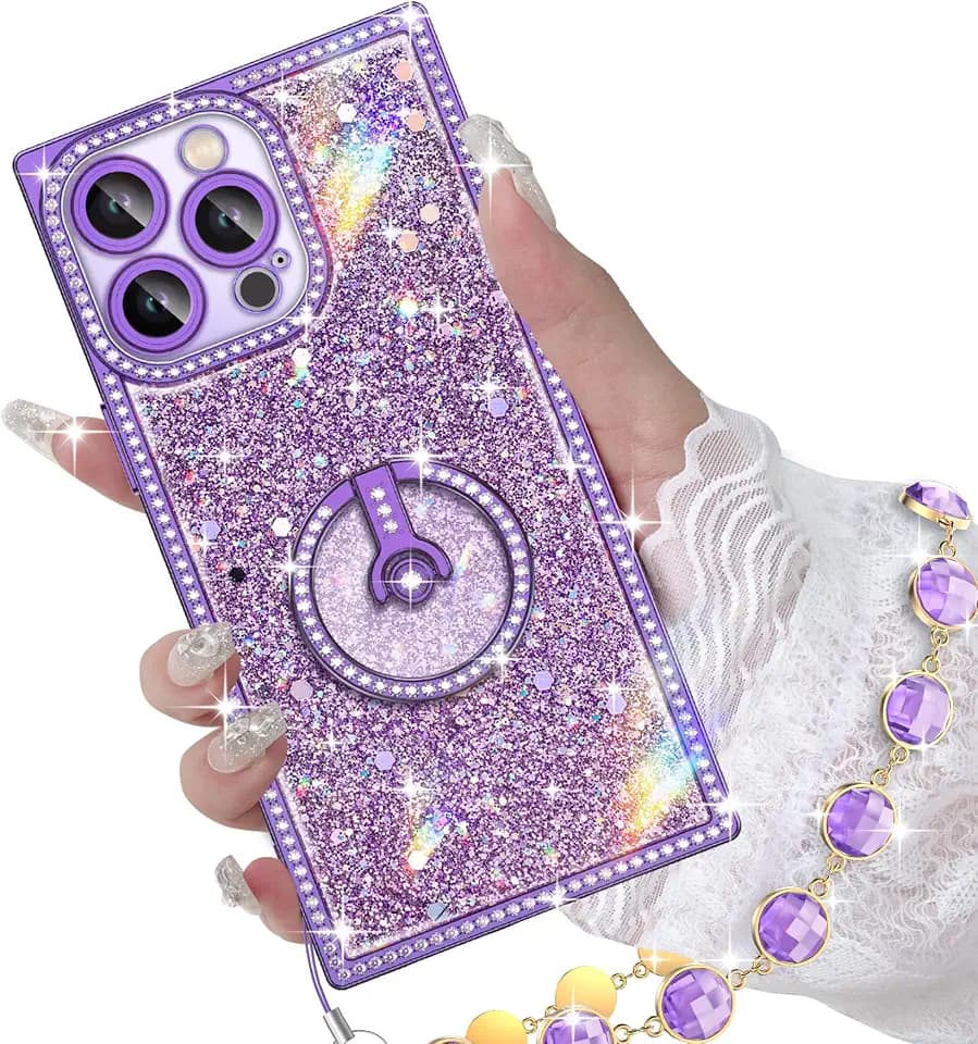 Miss Arts for iPhone 15 Pro Max Case with Ring Stand, Glitter Sparkle Phone Case for Women Girls, Rhinestone Luxury tective Cover for iPhone 15 Pro Max 6.7", Purple