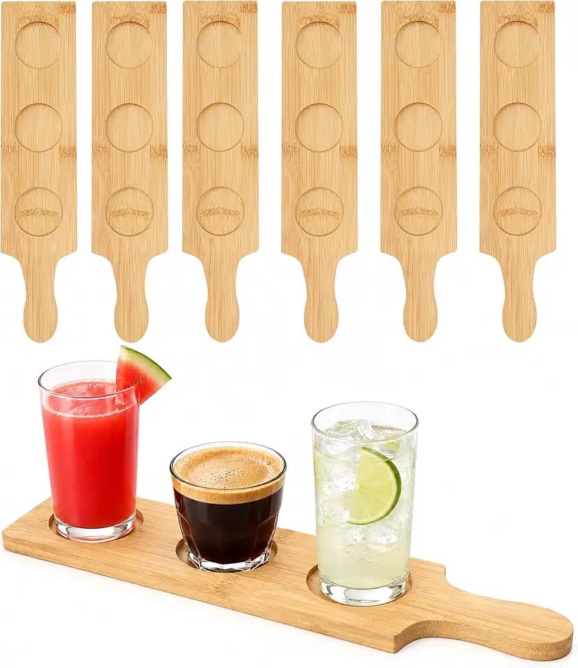 Marsrut 6PCS Flight Board for Tasting, 3 Slots Bamboo Wine Holder Serving Display Rack Paddle 2.17 INCH Dia Base for Whiskey, Beer, Drink Glass Jars (Round) 15.0L x 3.9W