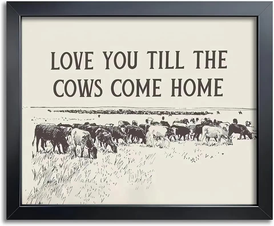 Framed Cow Wall Art with Romantic Quote, Black Frame Western Decor 10x8in