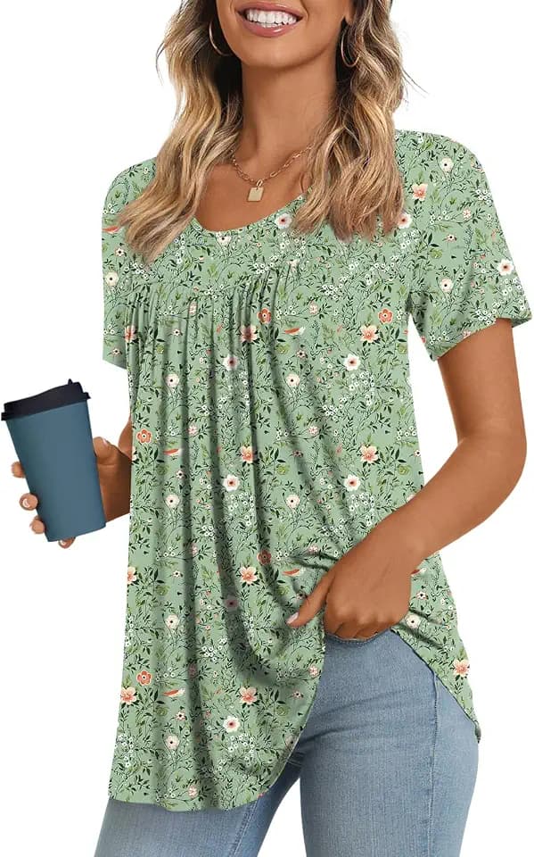 LONGYUAN Womens Tunic Tops 2026 Short Sleeve Shirts Summer Casual Tee Comfy Blouses S-4XL