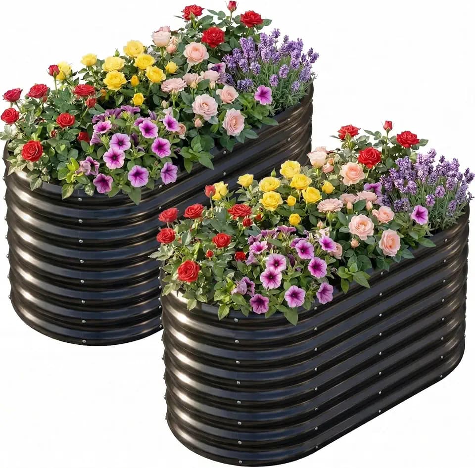 AHEONLAR 2 Pack 4×2×2ft Galvanized Raised Garden Bed Outdoor, Oval Sturdy and Durable Planter Boxes for Vegetables, Fruits, Flowers and Plants, Easy Assembly, Black