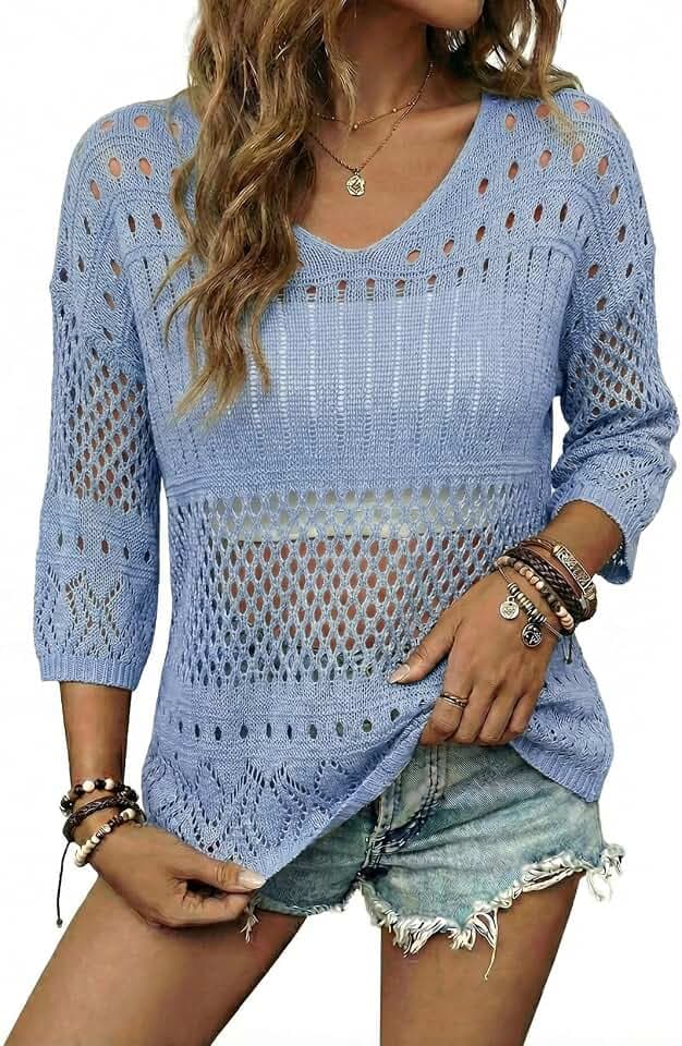 EVALESS Crochet Tops for Women Hollow Out Knit Sweaters