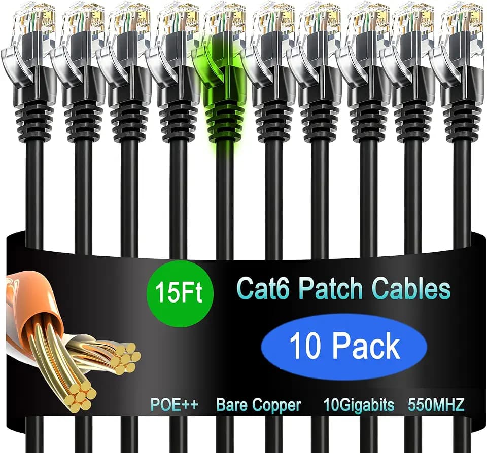 Cat6 Ethernet Patch Cable 15 ft (10 Pack), Cat6 Patch Cable 26AWG Pure Copper for Data Centers, Cat 6 Patch Cable 10G, Network Patch Cables for Home and Enterprise Network -Black