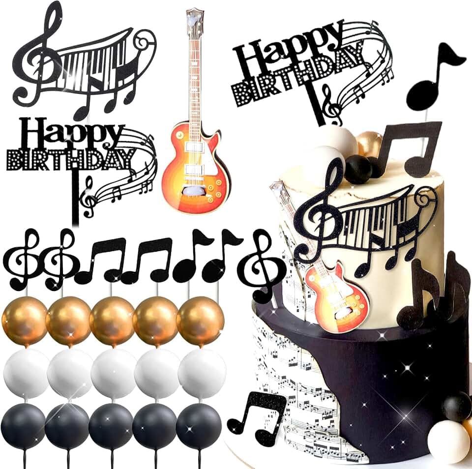 JeVenis Guitar Black Tortendeko Disco Tortendeko Gitarre Dekoration Kuchen Gitarre fur Musikalisches Thema Geburtstag Disco Party Dekoration Rock Roll Geburtstag Dekoration