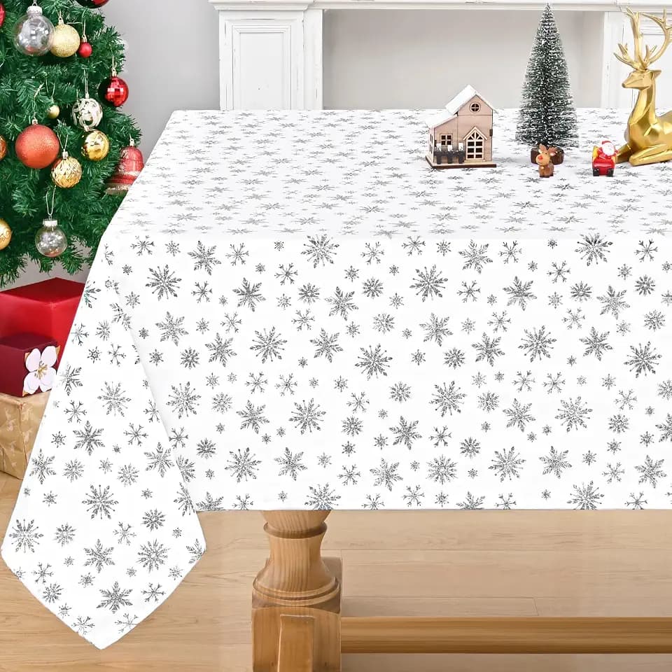 ASPMIZ Christmas Tablecloth 60x84 White Silver Snowflake Table Cloth Rectangle Tables Waterproof Spillproof Tablecloths Rectangular Washable Xmas Table Cover, Christmas Decorations for Party, Kitchen