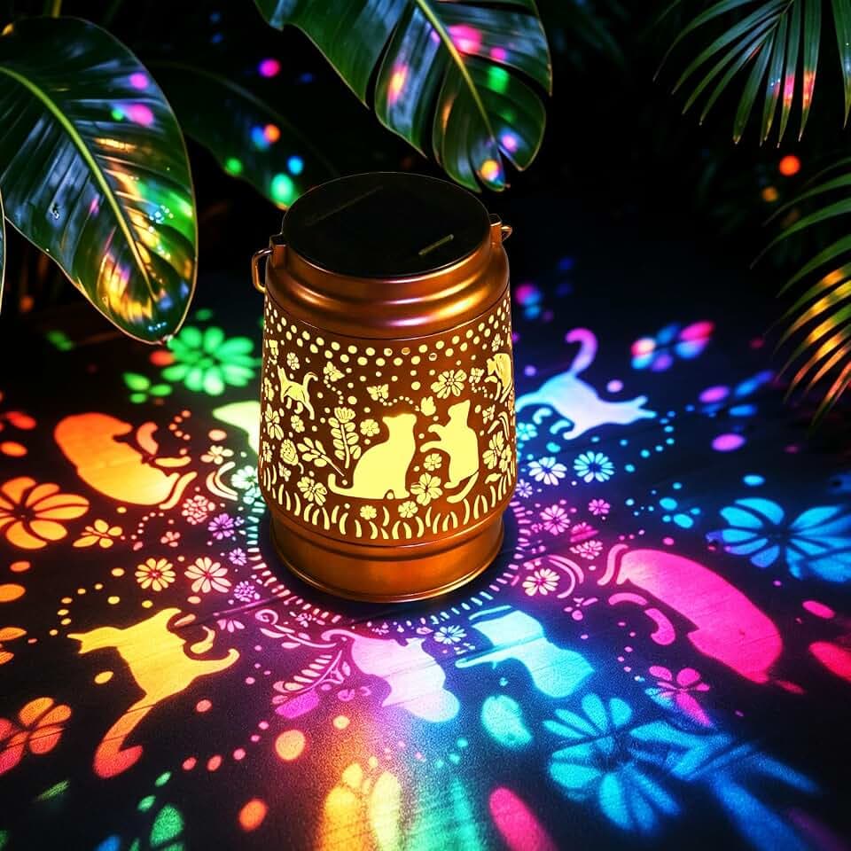 Colorful Cat Solar Lanterns Outdoor Lights, Birthday Gifts for Women Mom Grandma, Garden Decor, Hanging Solar Lights Outside Decorative, Solar Powered Lanterns for Yard Patio Path Backyard