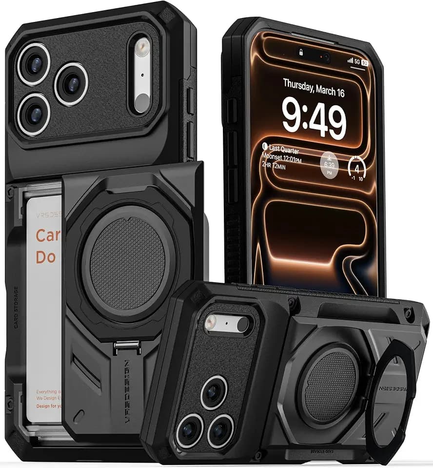VRS DESIGN Damda Glide Hybrid for iPhone 17 Pro Max Case (2025) [Magnetic Card Wallet] [Stores 4 Cards] Heavy Duty Rugged Cover (No Wireless Charging) - Matte Black