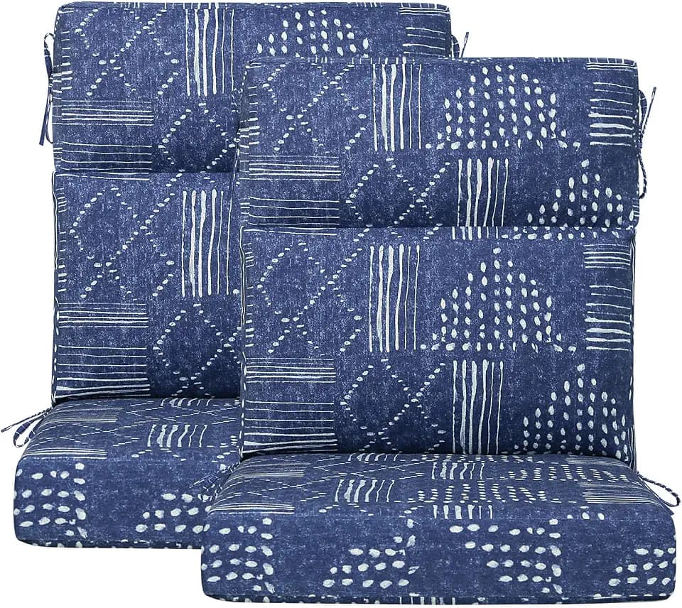 Outdoor Patio Chair Cushions 44x21x3.5 inch, Set of 2 Thicken Comfy Cushions for Rocker Non Slip Fade Shield Water Repellent High Back with Ties, Cobalt Grid