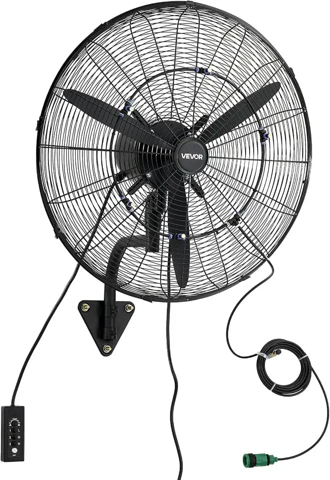 VEVOR Wall Mount Fan, 24 in Wall Mounted Hanging Fan with Oscillating & Mist, IP44-rated, 3-Speed, Powerful Air Reach, Mechanical Control, Long Airflow for Industry, Commercial, Garage, Workshop