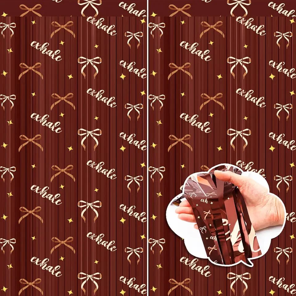 Frienda 4 Pack Brown Gold Party Foil Fringe Curtain 3.3 x 6.6ft Bow Brown Gold Women Night Fringe Bachelorette Decorations Cute Birthday Photo Booth Women Party Decorations Backdrop Day Supplies