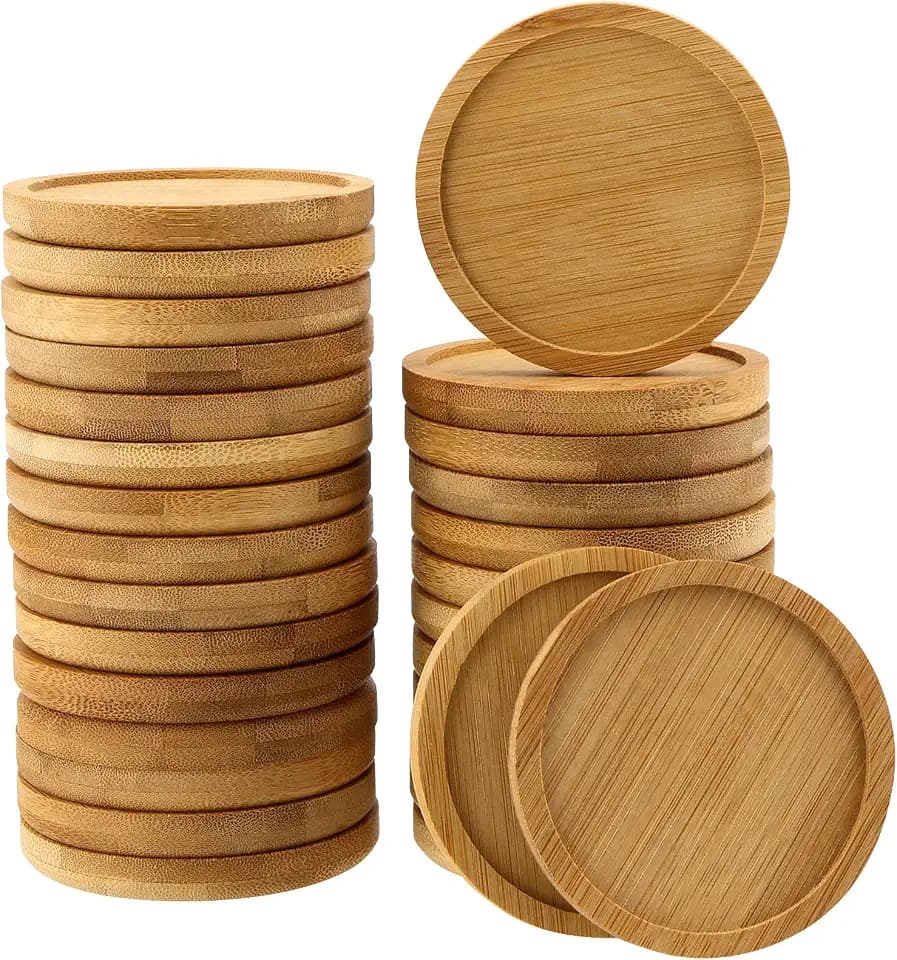 PINGEUI 30 Pack 3 Inch Round Bamboo Coasters, Natural Wooden Drink Coasters, Round Bamboo Saucer Decorative Succulent Tray for Cups, Outdoor and Indoor Plant Pots