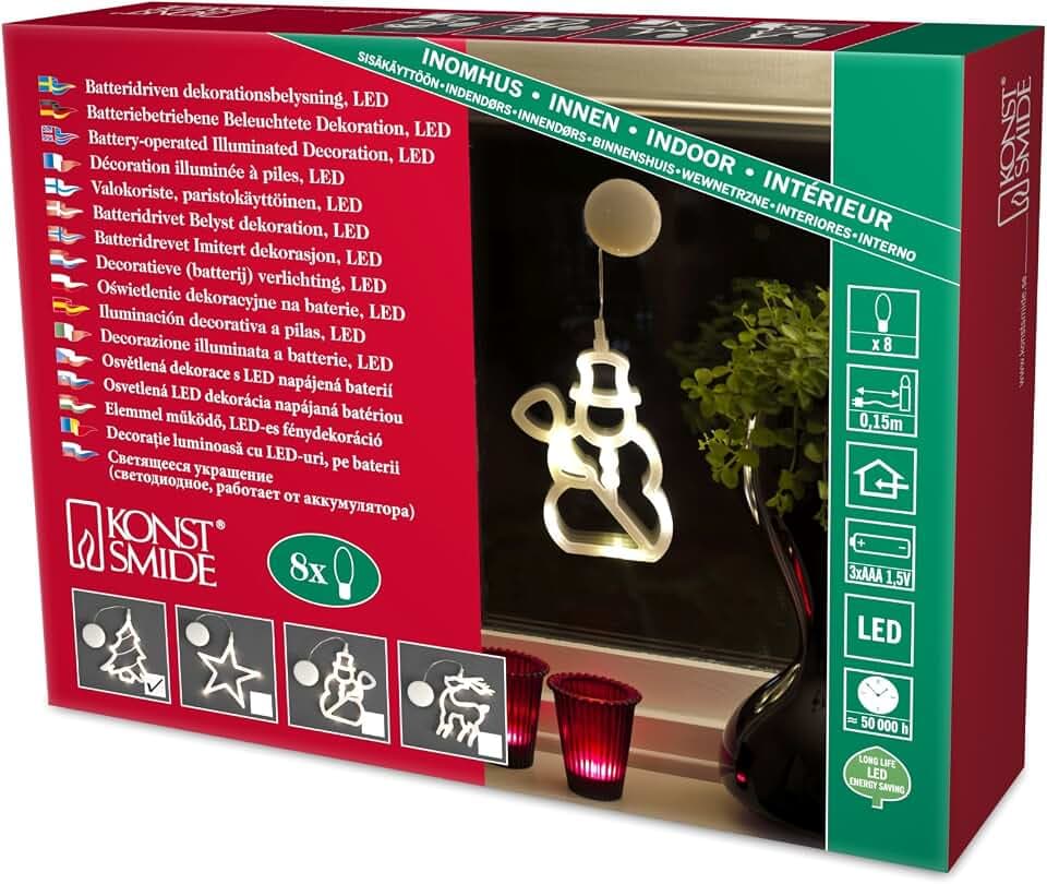 Konstsmide LED Fensterbild Tannenbaum, weiß, geflockt, Saughalter, 8 warm weiße Dioden, batteriebetrieben, Innen, transparentes Kabel, 3 x AAA 1.5V (exkl.) - 1295-103