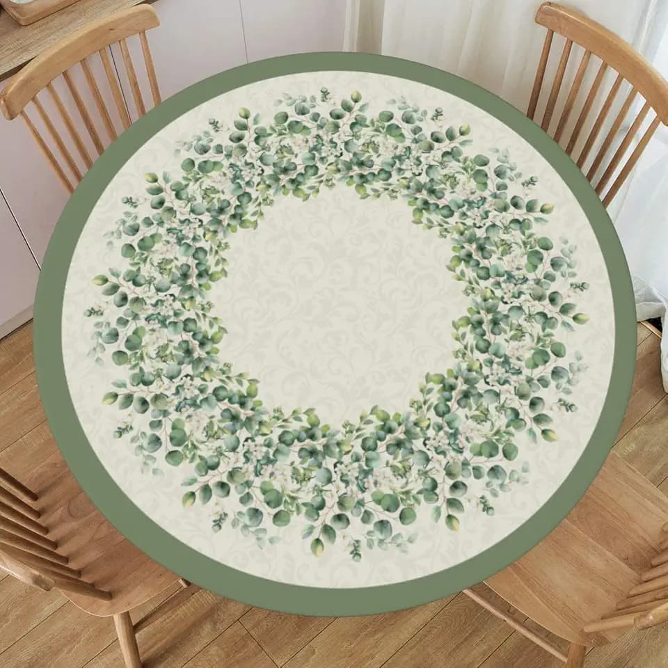KiuLoam Farmhouse Sage Green Round Fitted Tablecloth with Elastic Edge