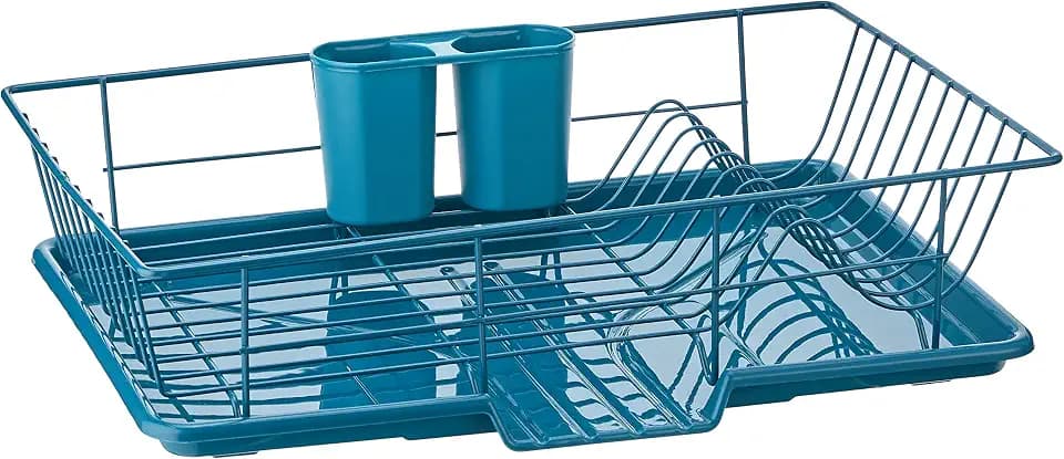 Sweet Home Collection 3 Piece Dish Drainer Rack Set with Drying Board and Utensil Holder, 12" x 19" x 5", Teal(Pack of 1)