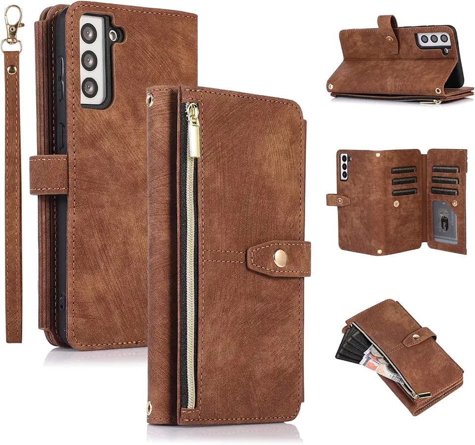UEEBAI Case for Samsung Galaxy S22 5G, 9 Card Slots Retro Leather Wallet Shockproof Flip Cover with Hand Strap Card Slots Zipper Pocket Kickstand Handbag Magnetic Closure - Retro Brown