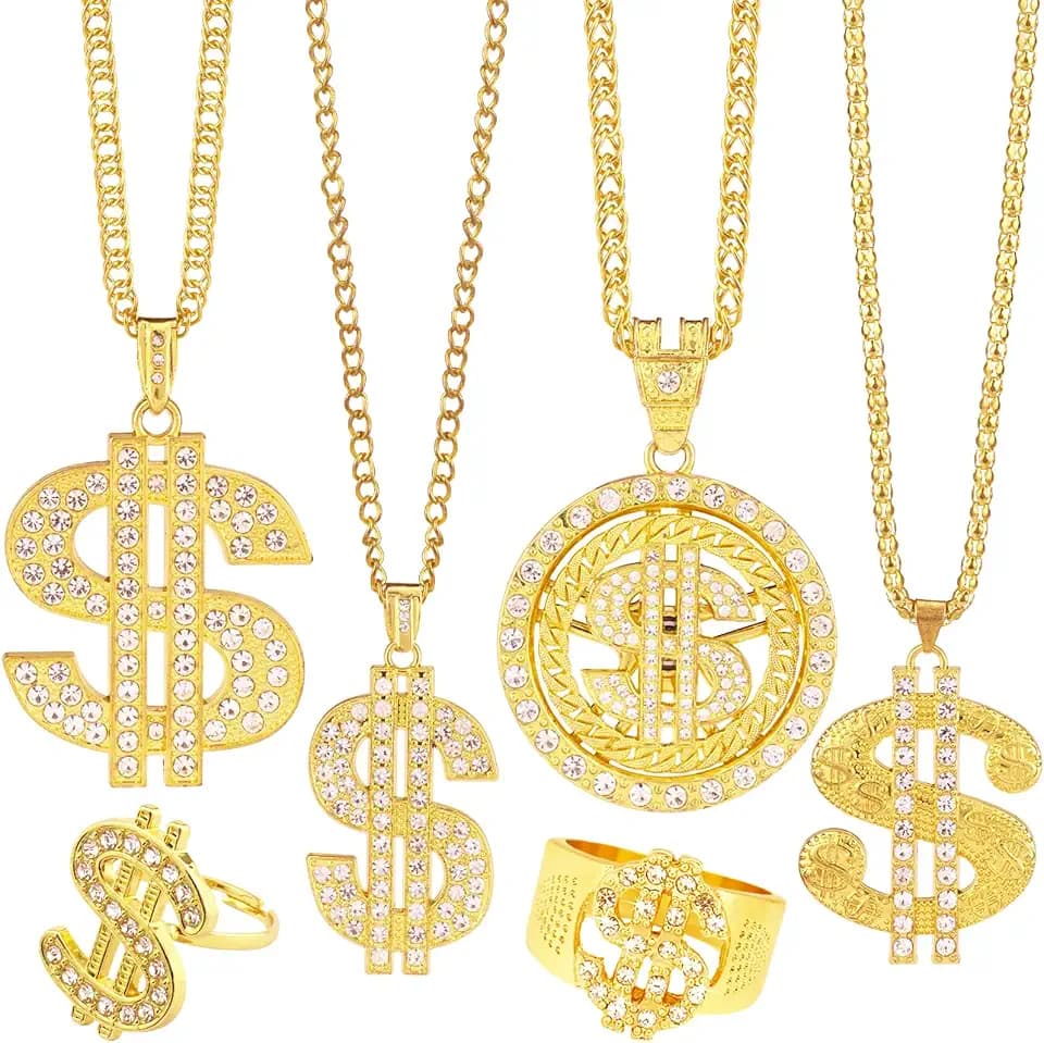 6 Pack Fake Gold-Colored Dollar Sign Chain Necklace Ring for 80s 90s Hip Hop Costumes Outfit, Rapper Jewelry for Men Women