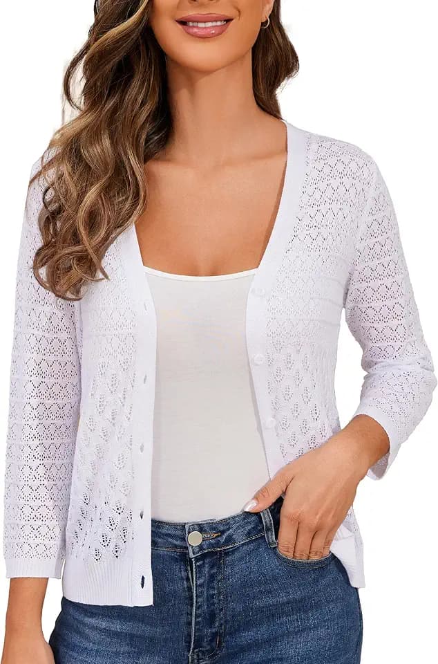 Women's Crochet Cardigan 3/4 Sleeve Shrug Knit Sweater Tops