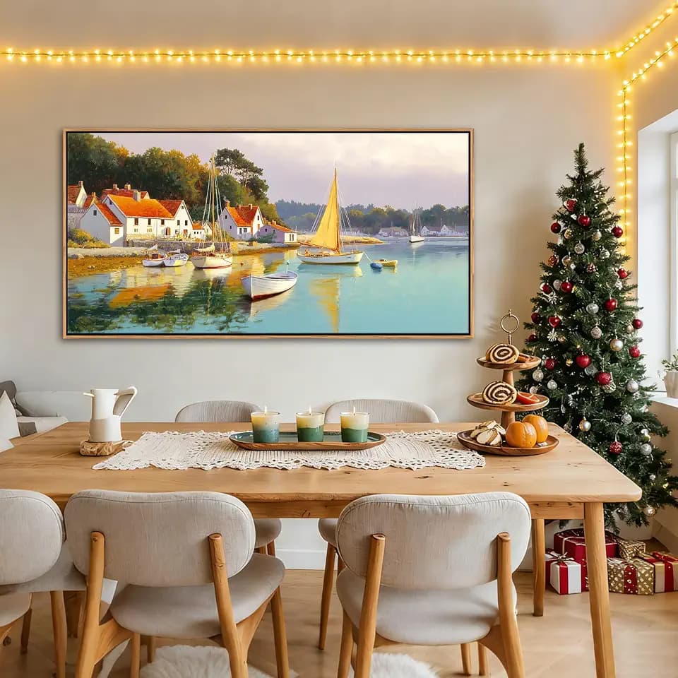 AJAZIKO Coastal Wall Art - Rustic Ocean & boat Canvas Art for Living Room & Bedroom Decor - Framed Landscape Artwork for Walls - Italian Farmhouse & Country Wall Decor Print Pictures29x58IN