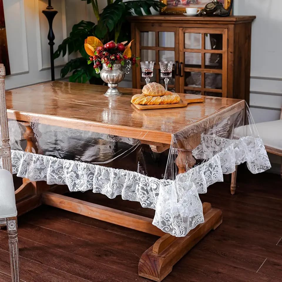 ARTABLE PVC Vinyl Tablecloth Lace Border Off White Waterproof 60 x 84 Inch