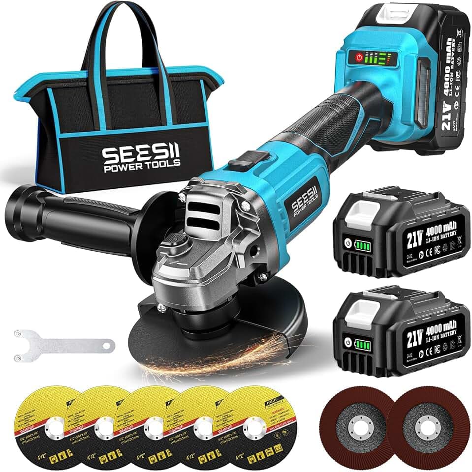 SEESII Akku Winkelschleifer 125 mm, 21V Flex Winkelschleifer mit 2x 4000mAh Akku, 10,000RPM Trennschleifer Set mit 4x Schneidrad, 2x Fächerrad, für Metall Präzises Trennen und Schleifen