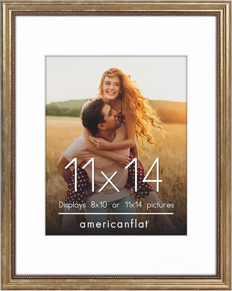 Americanflat Vintage Frames - 11x14 Picture Frame with Beaded Accents and Shatter-Resistant Glass - Use as 8x10 Frame or Display 11x14 Photos Without Mat - Heirloom Collection - Wall Display - Gold