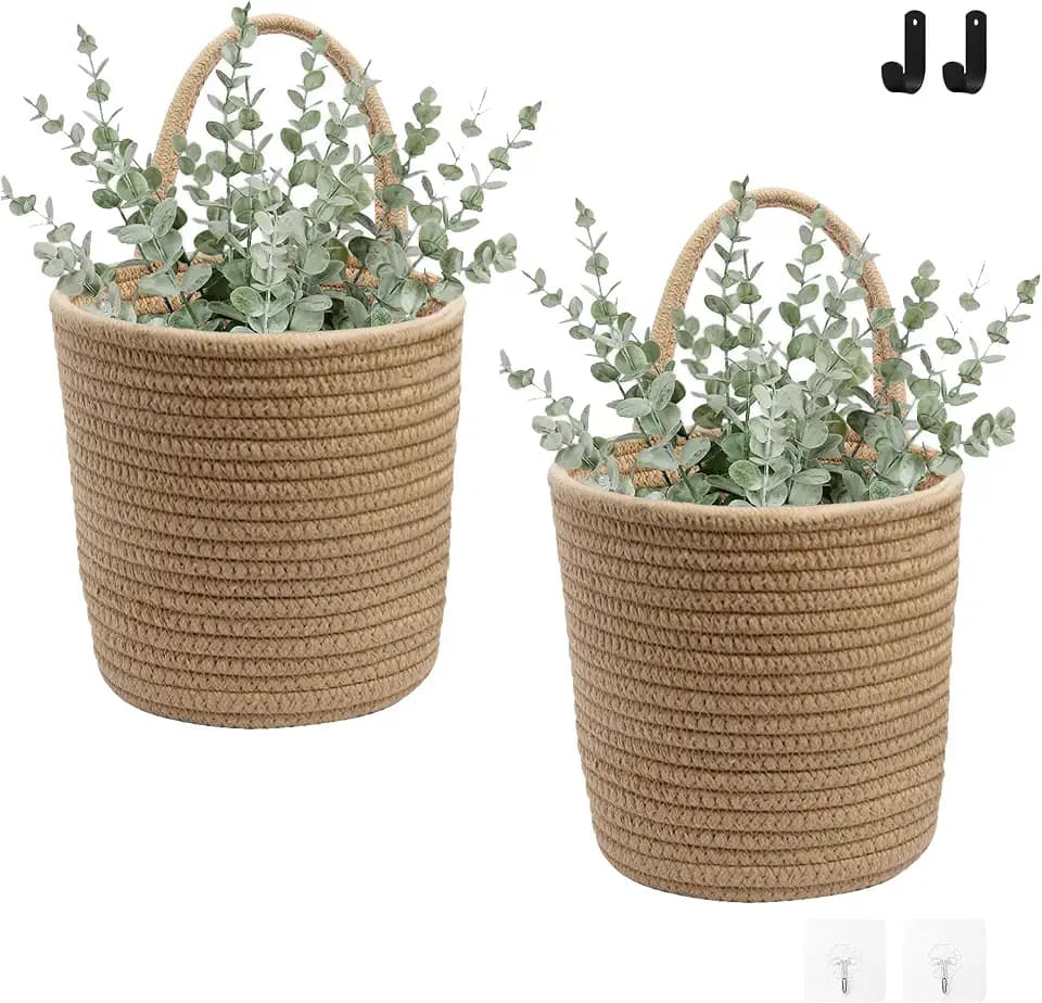 Defined Deco 2 Pack Jute Hanging Basket, Hanging Rope Basket with 4 hooks, Flower Plants Wall Basket Decor Set, Rustic Woven Basket Organizer, Boho Wall Decor for Living Room, Bedroom, Bathroom