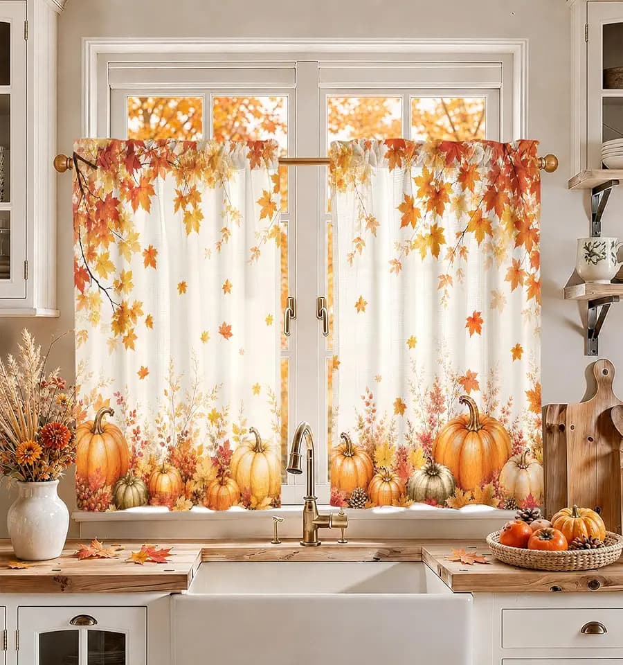 Miss Adola 36 Inch Length Kitchen Tier Curtains Pumpkin Leaf Cafe Curtains