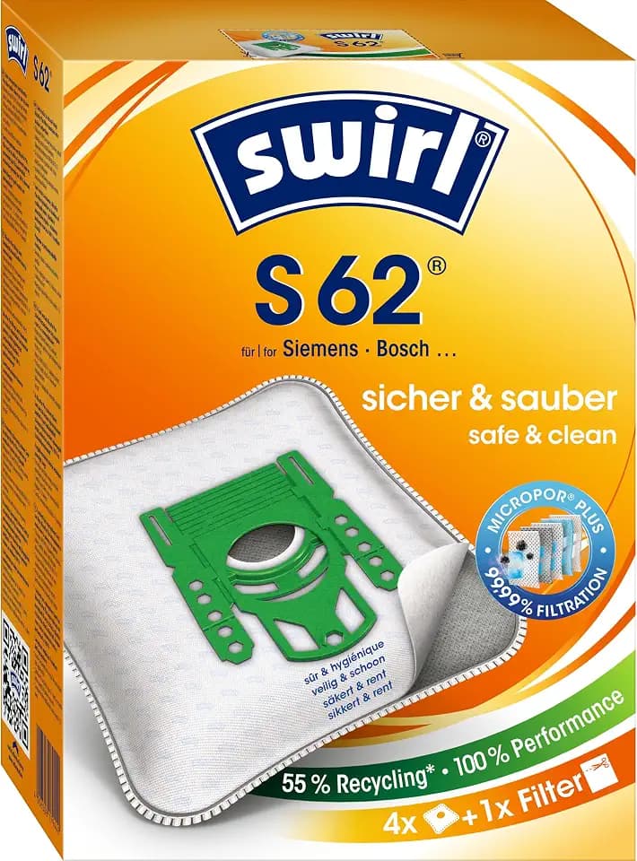 Swirl S 62 EcoPor Staubsaugerbeutel (4 Beutel), reißfeste Staubbeutel für einige Siemens & Bosch Staubsauger, 99,9% Filterung von Hausstaub & allergenem Feinstaub